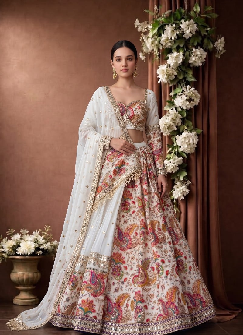 White Georgette Mirror Sequins Lehenga After Six Wear