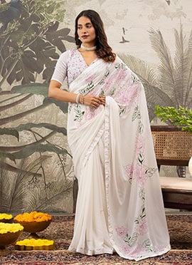White Georgette Printed Saree