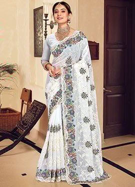 White Georgette Resham Embroidered Saree