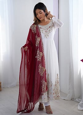 White Georgette Sequins Embroidered Anarkali Suit