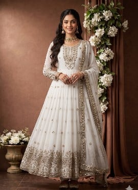 White Georgette Sequins Embroidered Anarkali Suit