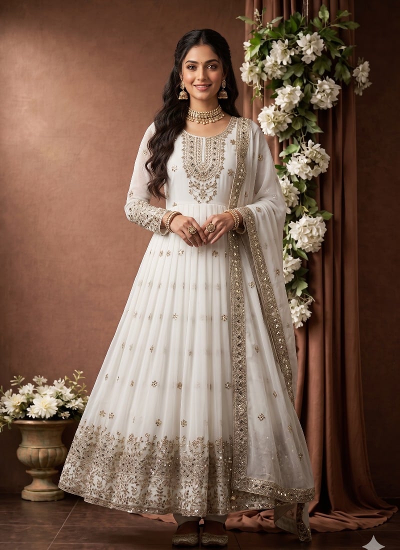 White Georgette Sequins Embroidered Anarkali Suit After Six Wear