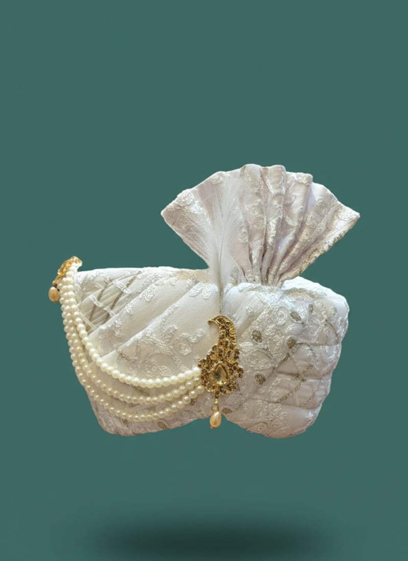 White Georgette Sequins Embroidered Turban With Brooch