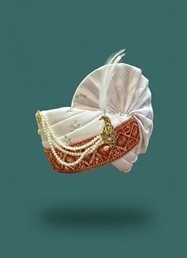 White Georgette Sequins Embroidered Turban With Brooch