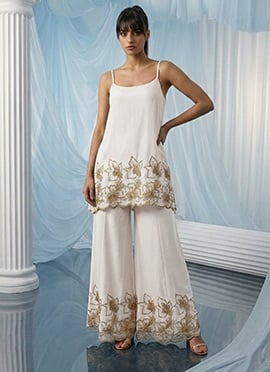 White Georgette Sequins Zari Zardosi Hand Embroidered Indowestern Palazzo Set