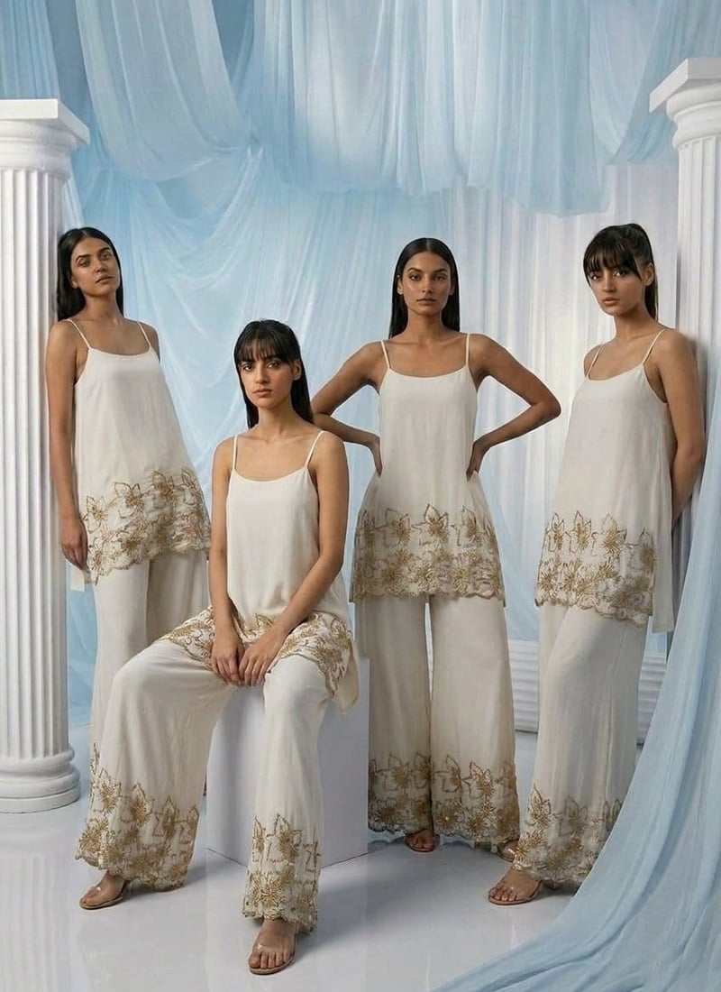 White Georgette Sequins Zari Zardosi Hand Embroidered Indowestern Palazzo Set Wedding Wear