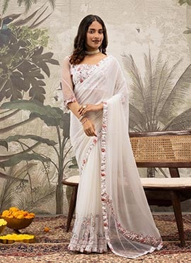 White Georgette Silk Printed Saree