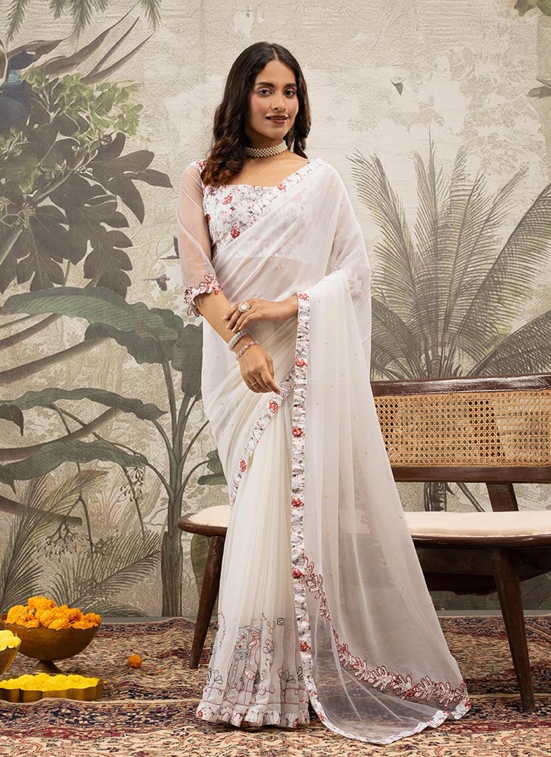 White Georgette Silk Printed Saree After Six Wear