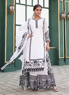 White Georgette Thread Embroidered Pakistani Palazzo Suit