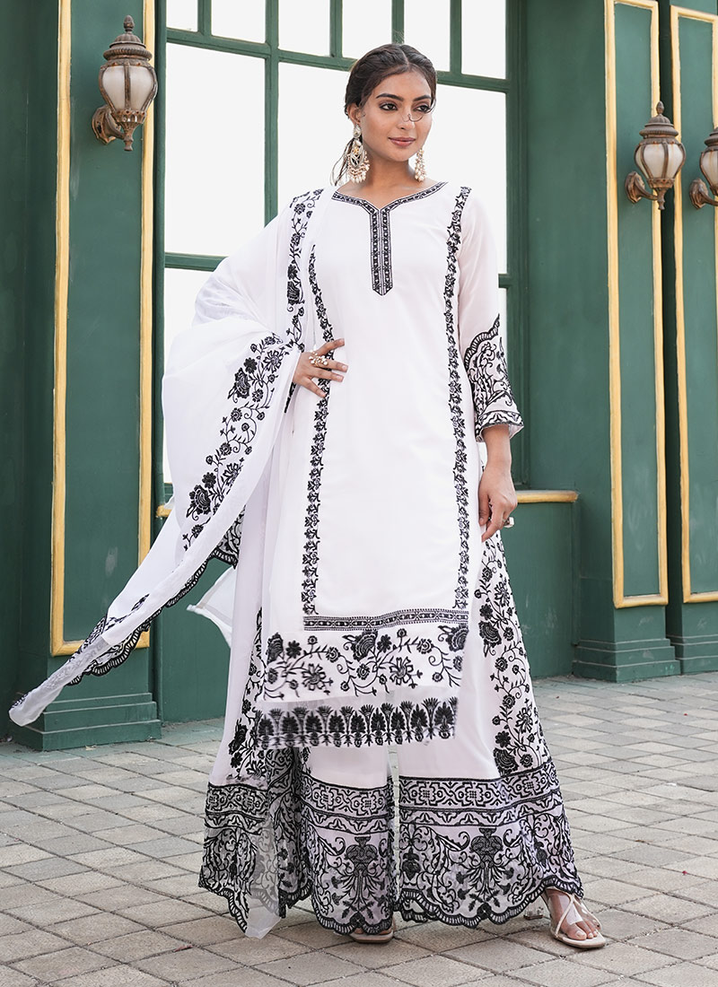 White Georgette Thread Embroidered Pakistani Palazzo Suit Festive Wear