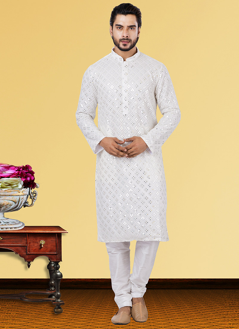 White Georgette Tikki work Kurta Pyjama