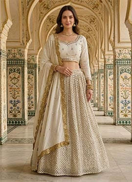 White Georgette Zari Embroidered Sequins Lehenga