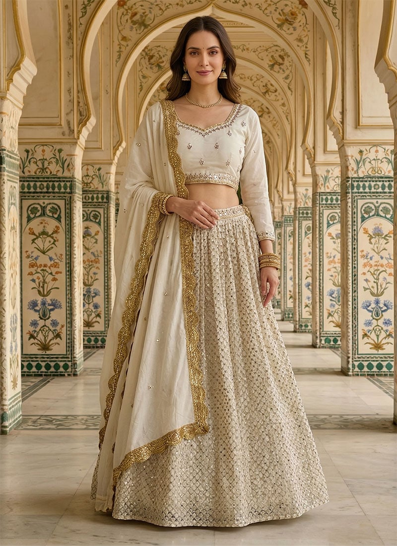 White Georgette Zari Embroidered Sequins Lehenga Wedding Wear