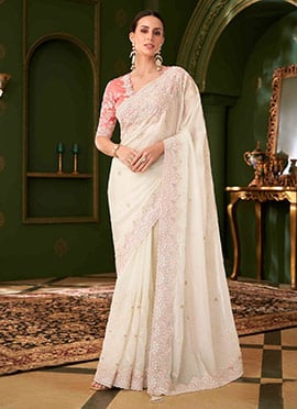 White Georgette Zari Embroidered Sequins Saree