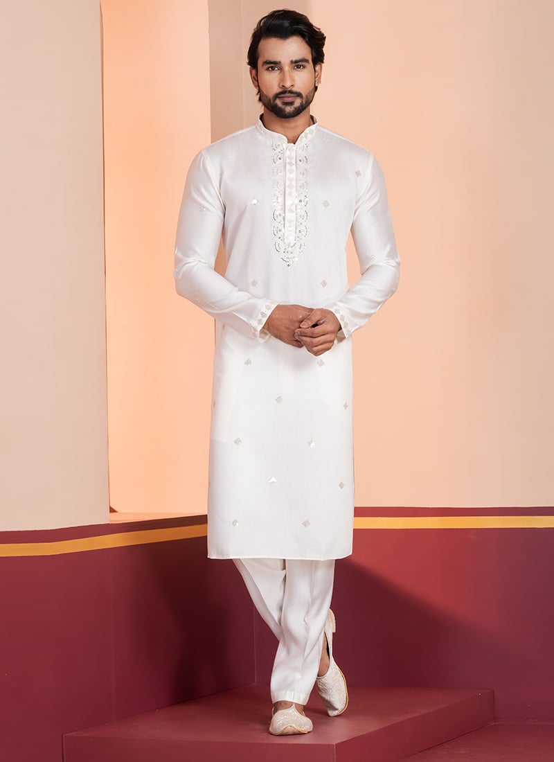 White Glame Cotton Sequins Thread Kurta Pyjama Festive Wear