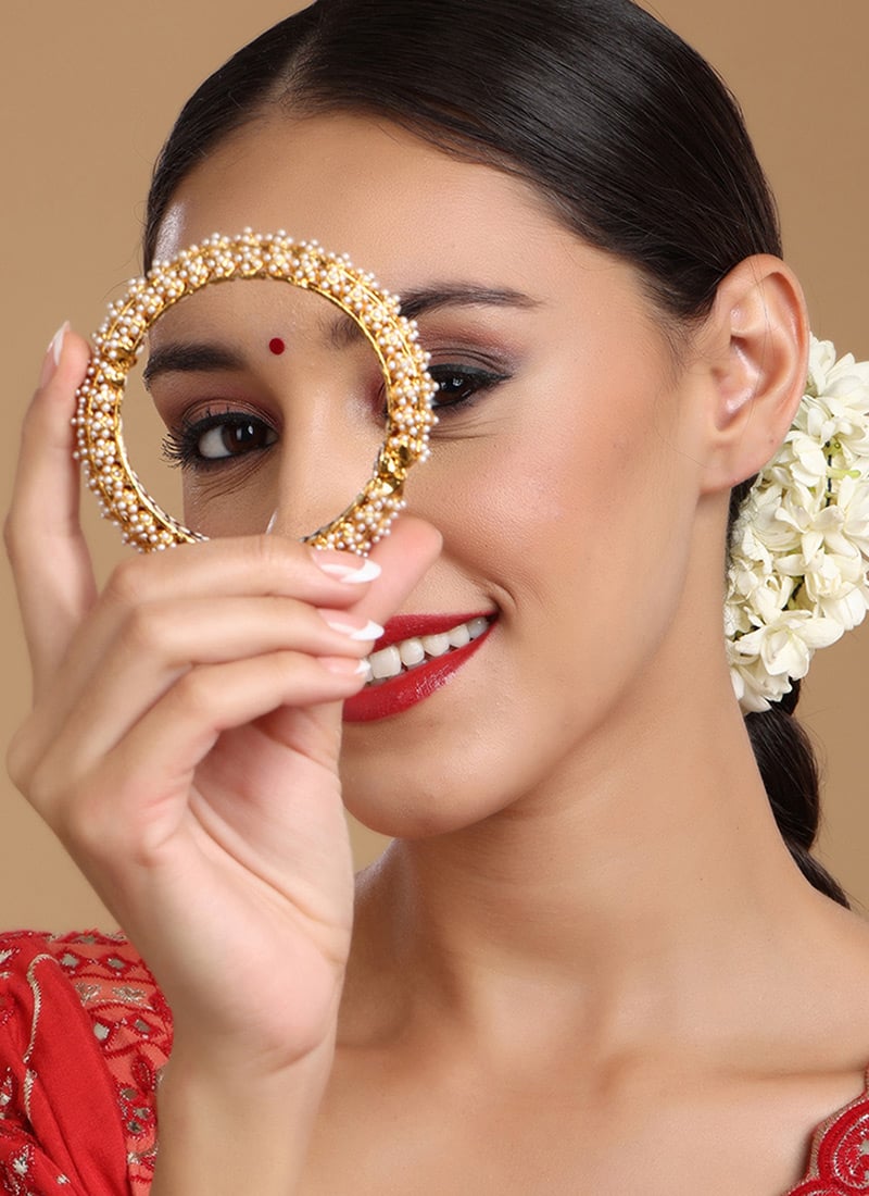 White Gold Plated Hand Crafted Pearl Work Kada Wedding Wear