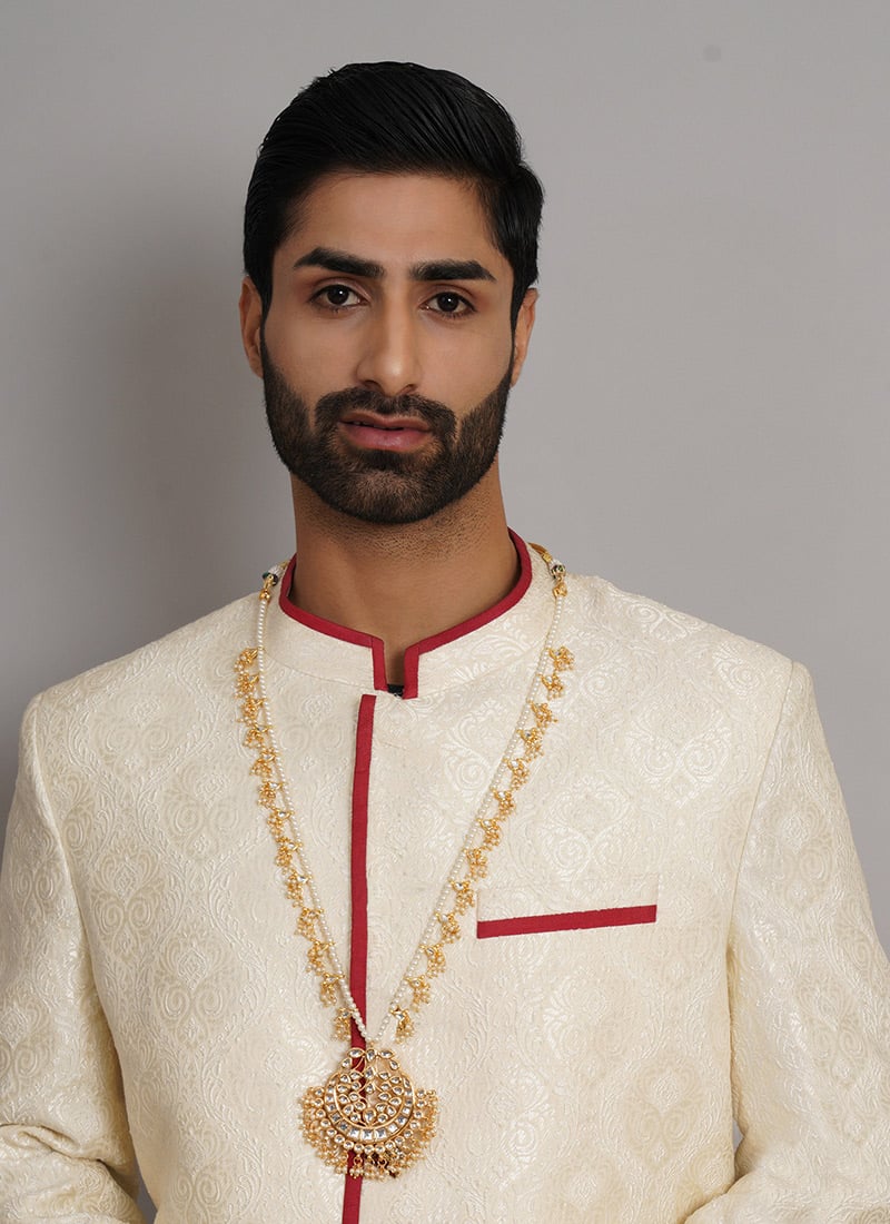 White Gold Plated Kundan Beads Necklace For Men Wedding Wear