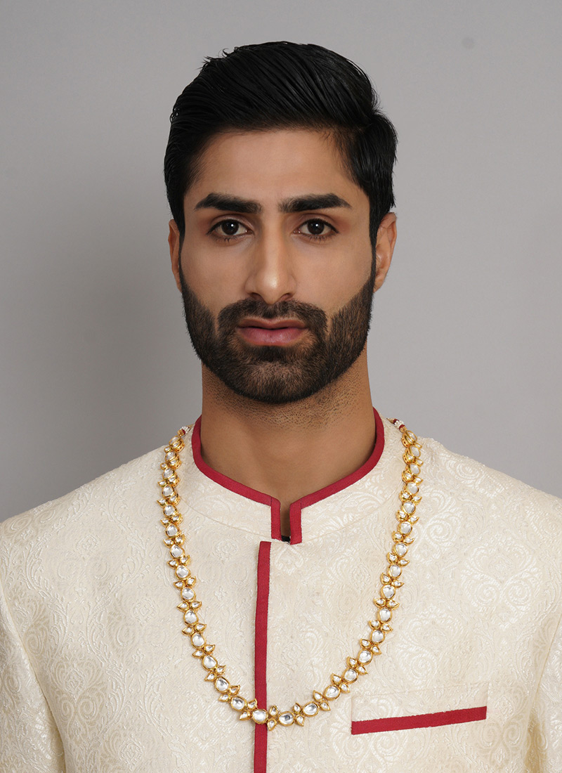 White Gold Plated Kundan Layered Necklace For Men Wedding Wear