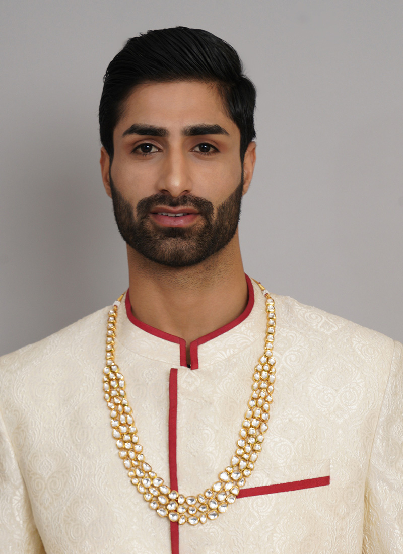White Gold Plated Kundan Layered Necklace For Men Wedding Wear