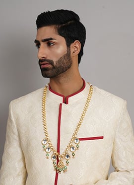 White Gold Plated Kundan Meenakari Beads Necklace For Men