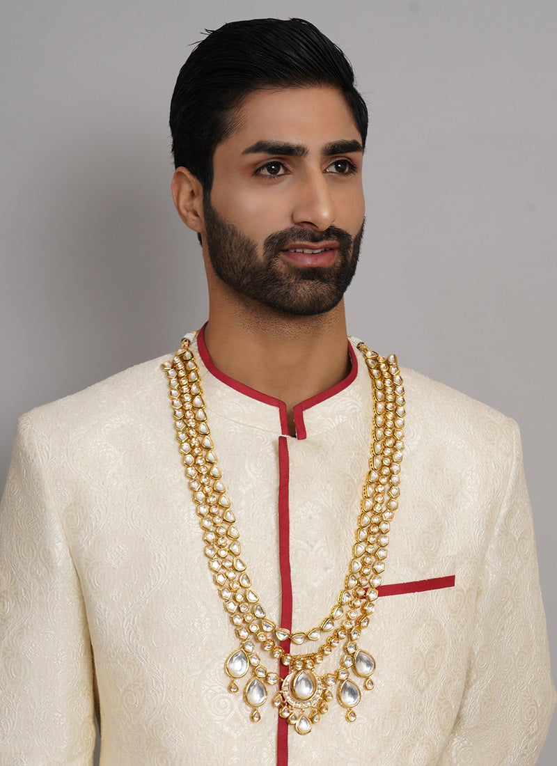 White Gold Plated Kundan Necklace For Men Wedding Wear