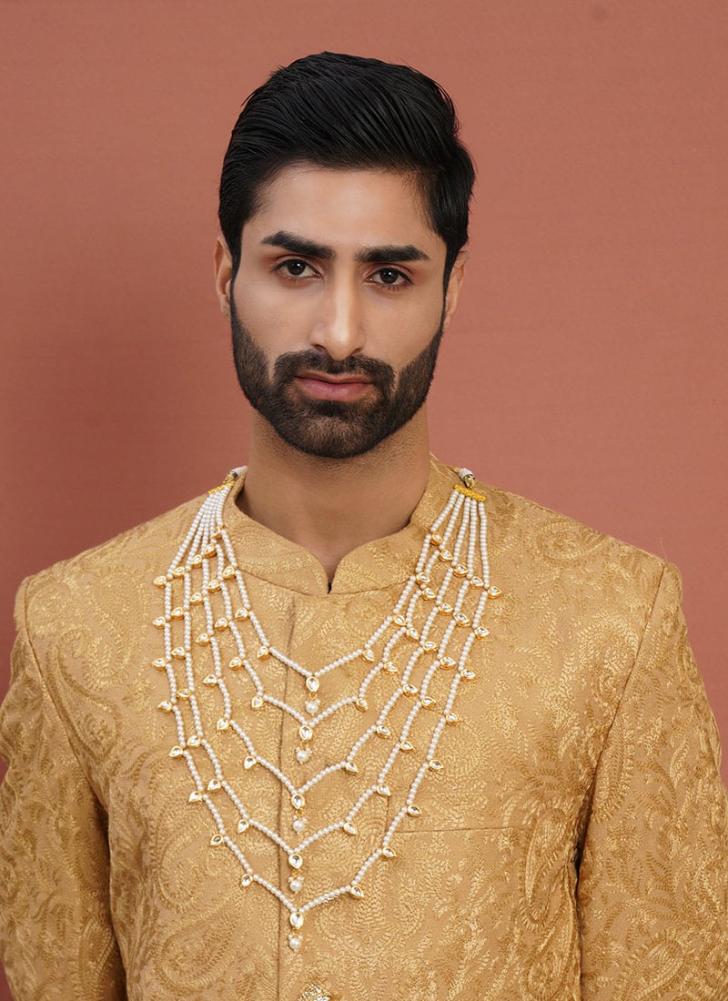 White Gold Plated Kundan Pearl Beads Long Necklace For Men Wedding Wear