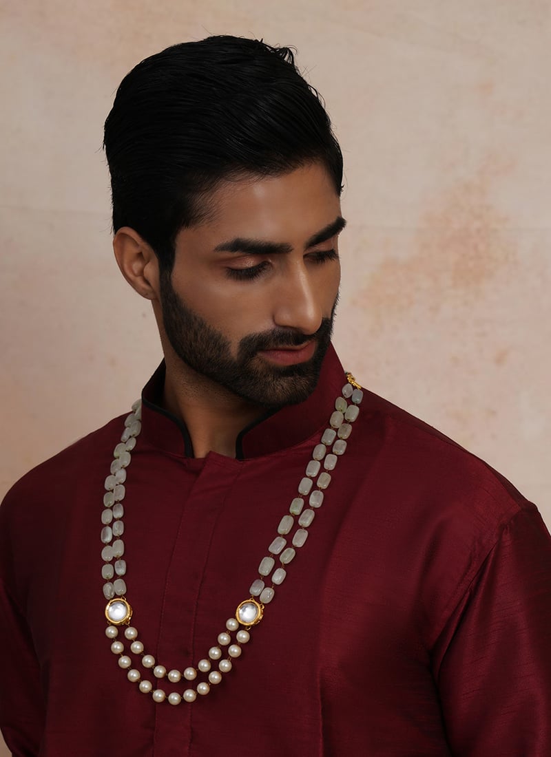 White Gold Plated Kundan Pearl Layered Necklace For Men Wedding Wear