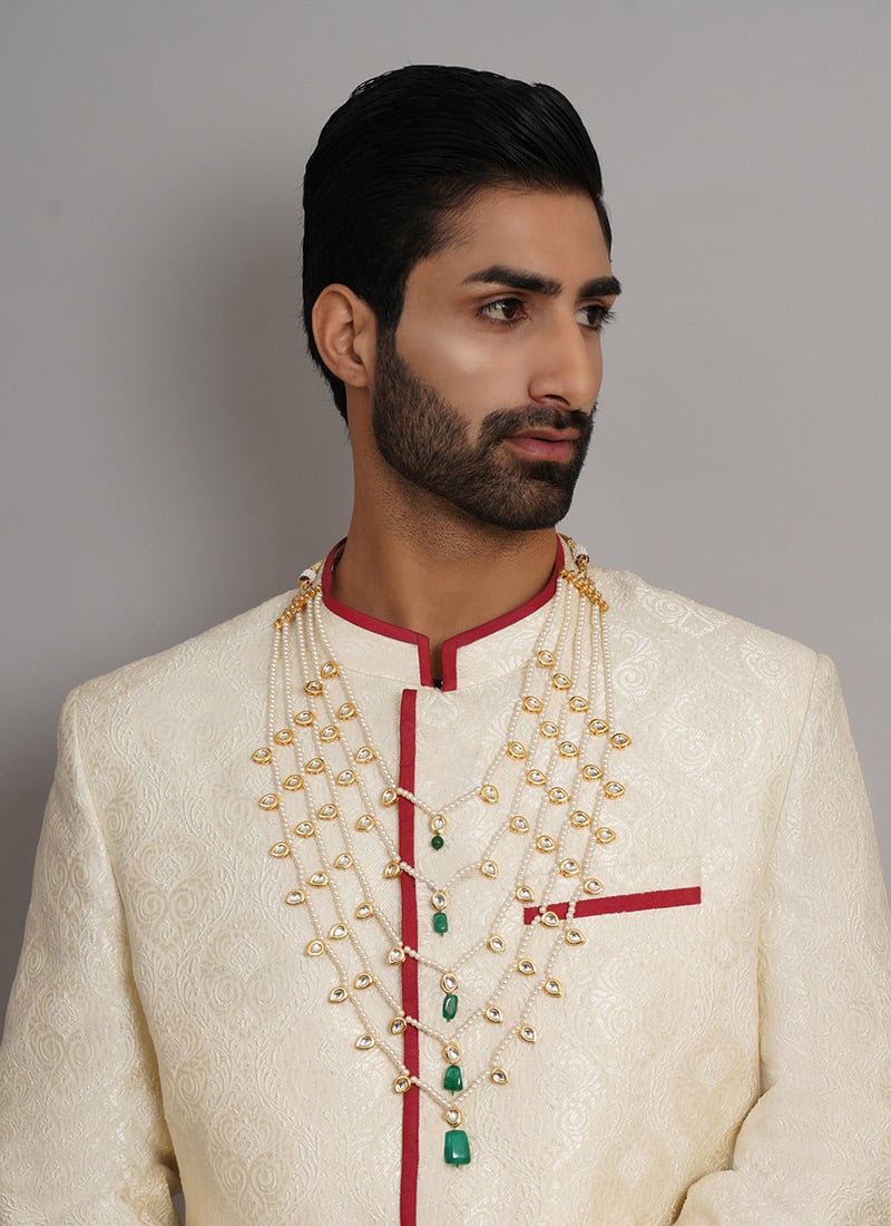 White Gold Plated Kundan Pearl Layered Necklace For Men Wedding Wear
