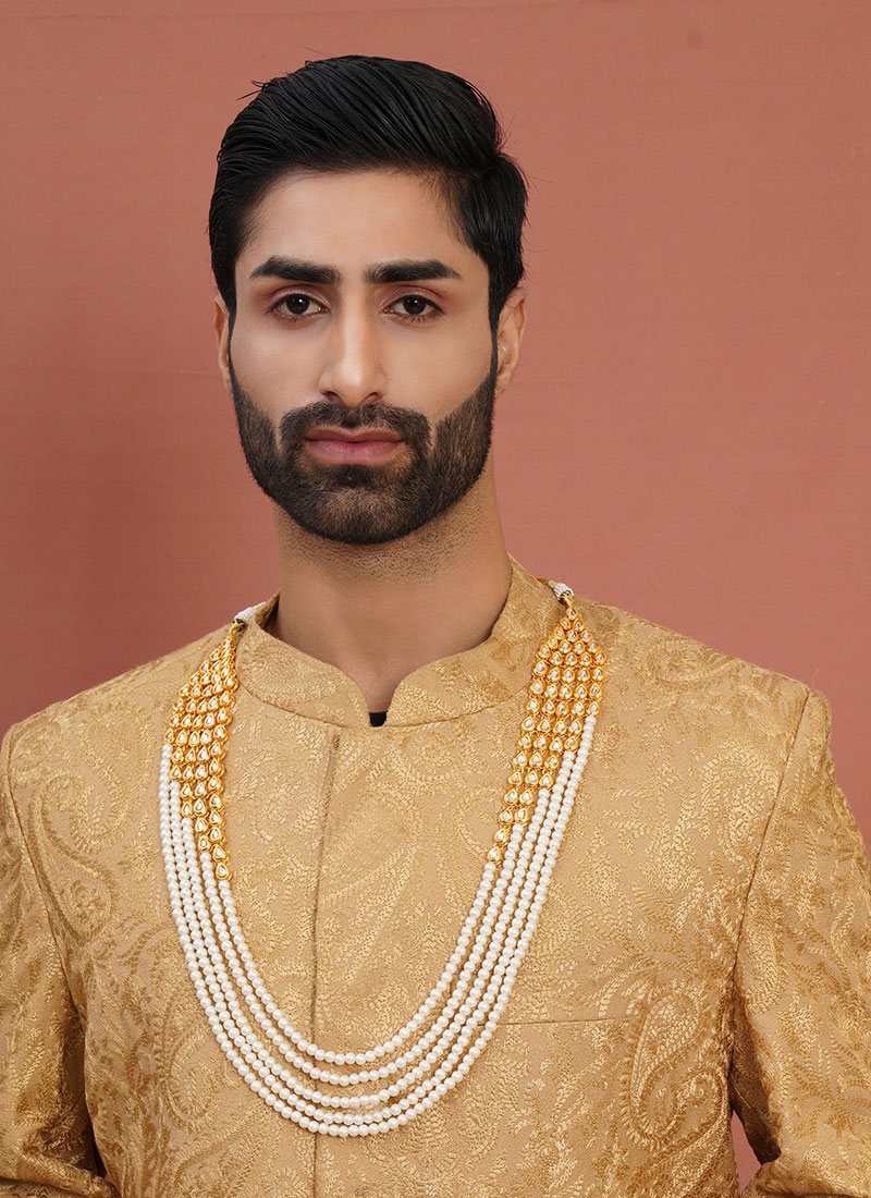 White Gold Plated Kundan Pearl Layered Necklace For Men Wedding Wear