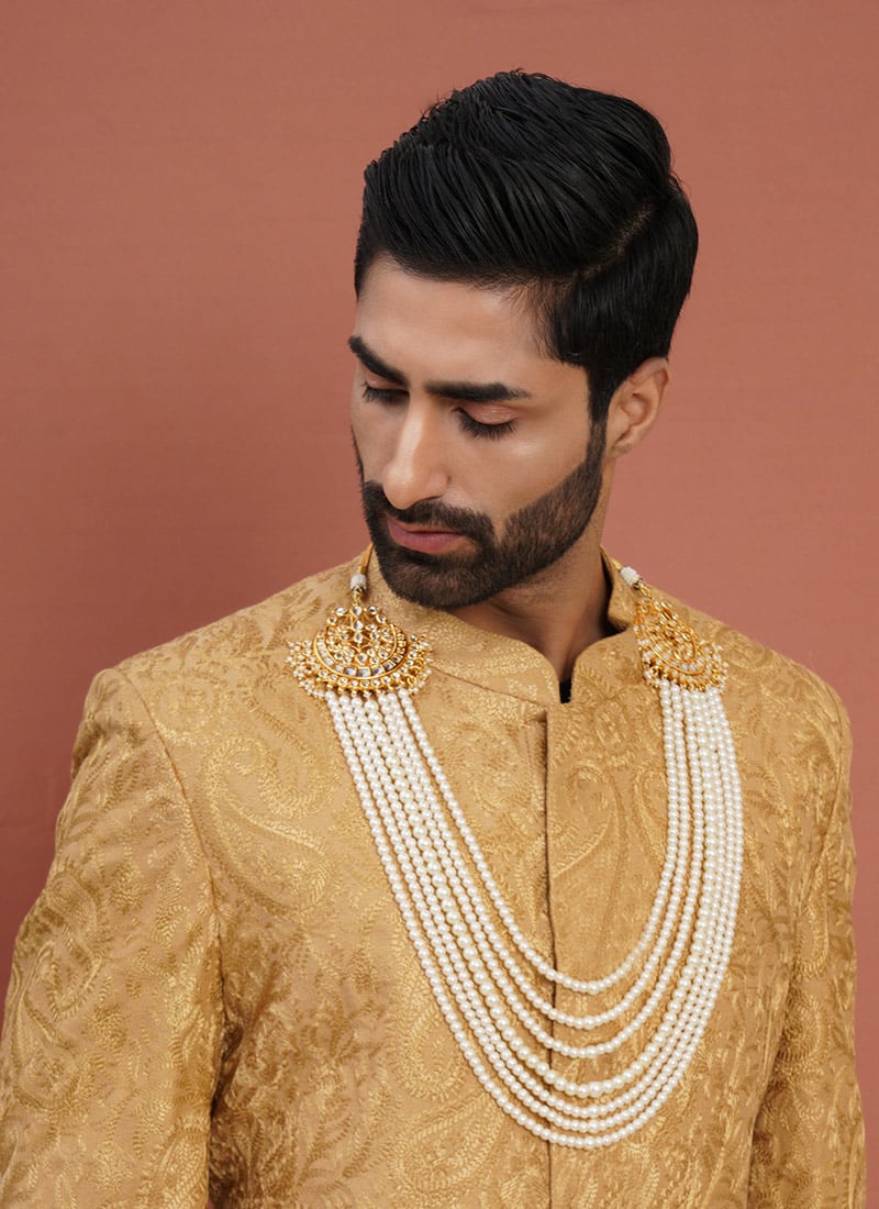 White Gold Plated Kundan Pearl Layered Necklace For Men Wedding Wear