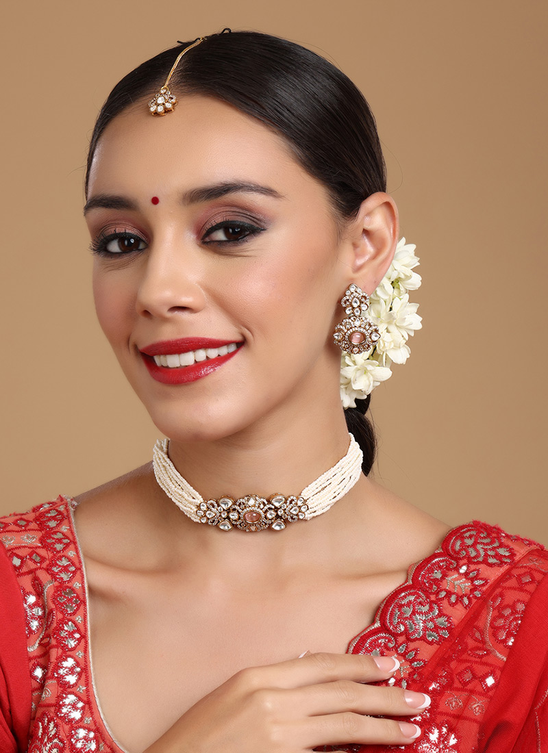 White Gold Plated Kundan Studded With Pearl And Stone Work Choker