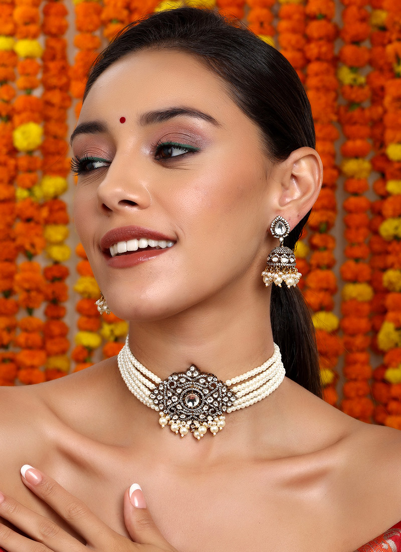 White Gold Plated Kundan Studded With Stone And Pearl Work Choker Festive Wear