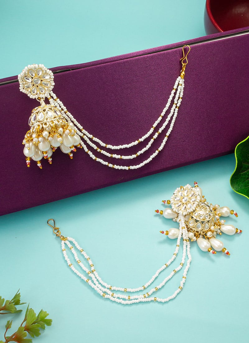 White Gold Plated Kundan With Beads And Moti Work Jhumka With Kanothi Festive Wear-ERSACZ4898