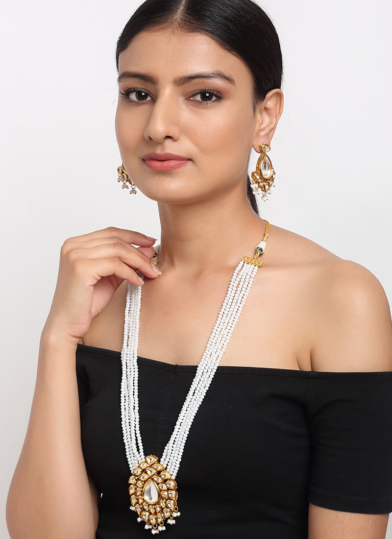 White Gold Plated Kundan Work Beads And White Stone Necklace Party Wear