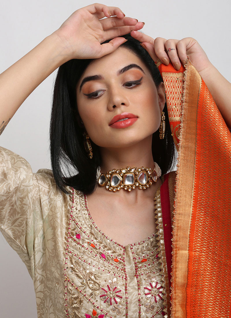 White Gold Plated Kundan Work White Stone Choker Party Wear