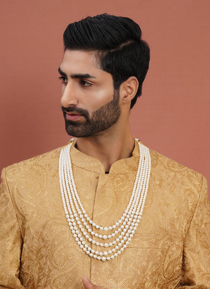 White Gold Plated Pearl Layered Necklace For Men