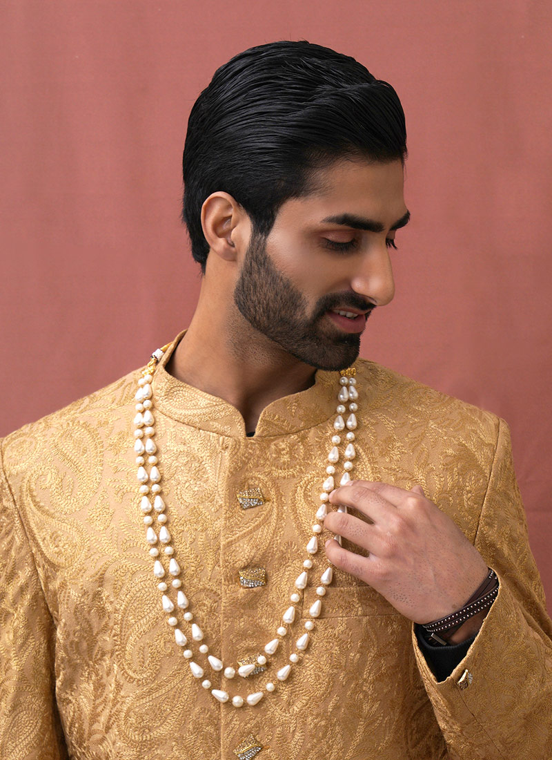 White Gold Plated Pearl Layered Necklace For Men