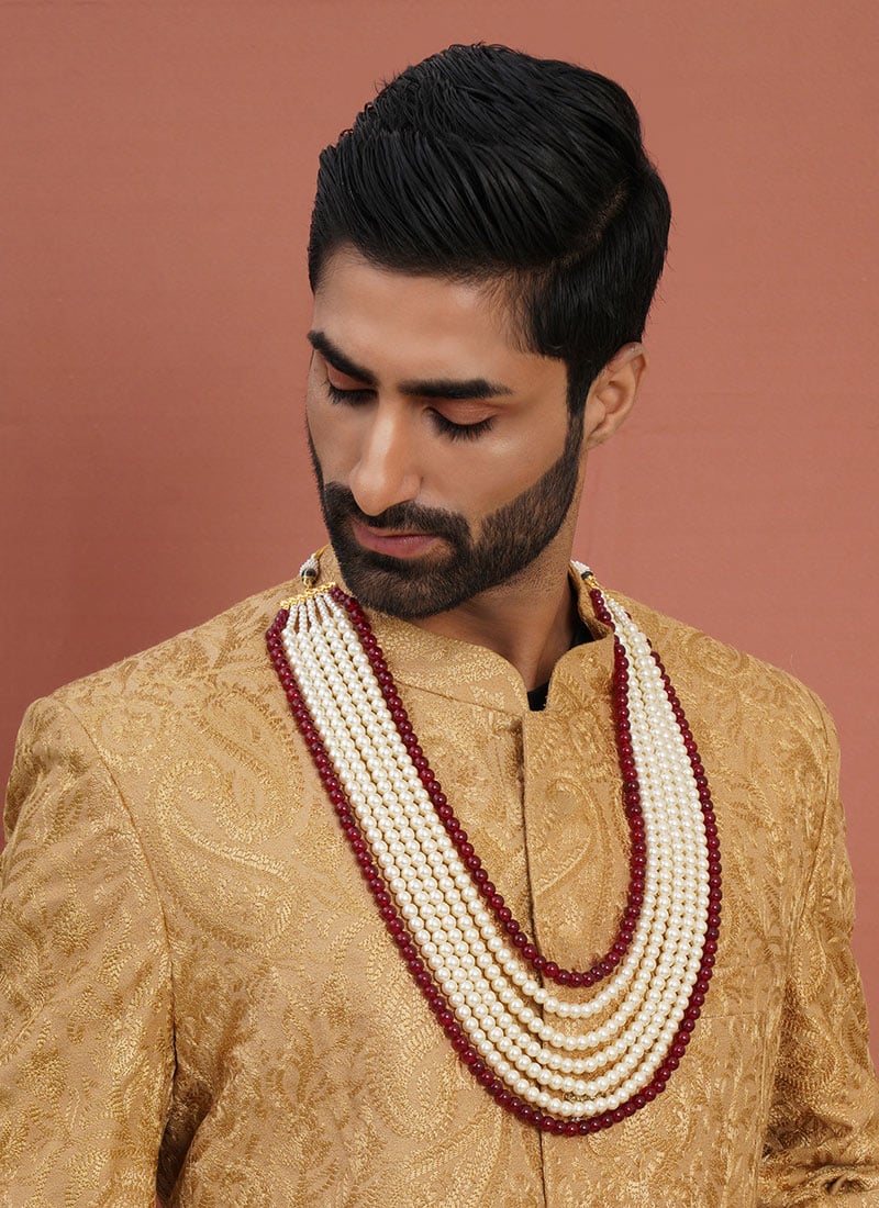 White Gold Plated Pearl Necklace For Men Wedding Wear