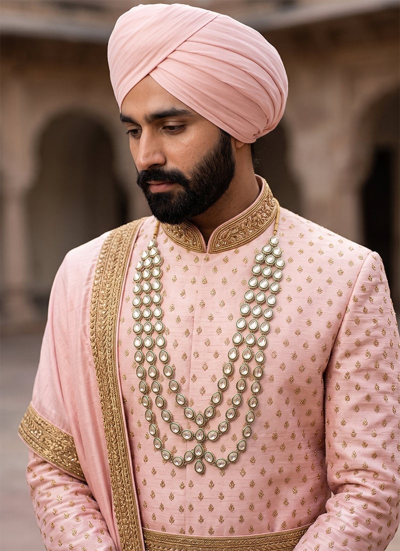 White Green Kundan Layered Mens Mala