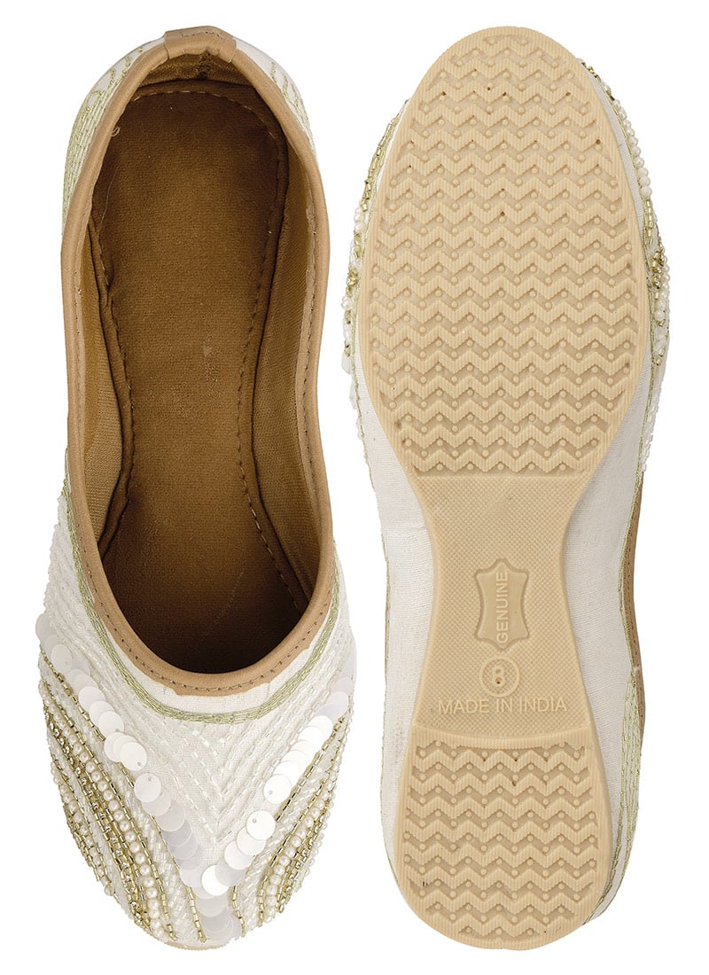 White Hand Embroidered Sequins With Stone And Moti Work Juti