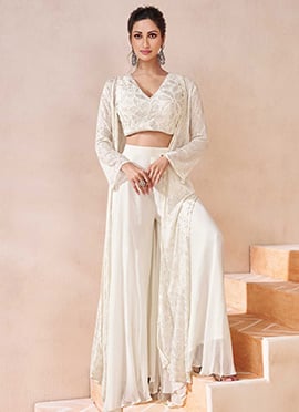 White Indowestern Sets With Sequins Jacket In Georgette Embroidered Beads