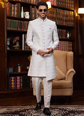 White Jacquard Silk Beads Sequins Hand Work Indowestern Sherwani