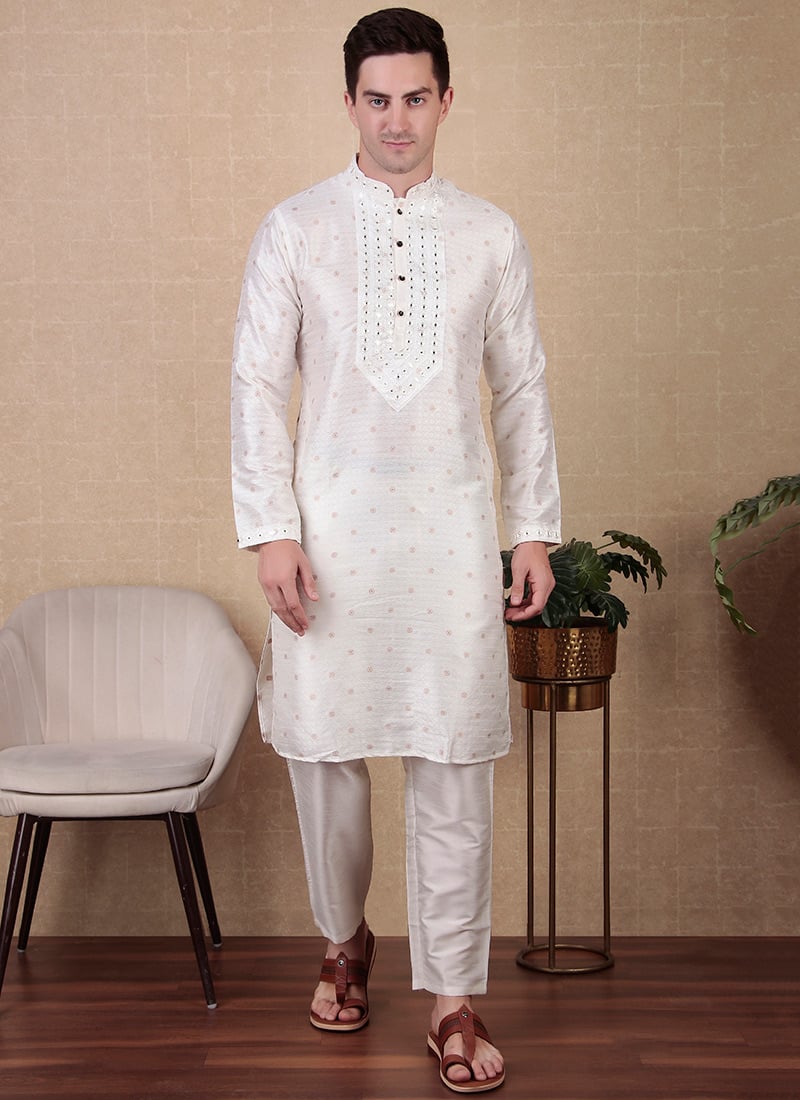 White Jacquard Silk Embroidered Kurta Pyjama Festive Wear