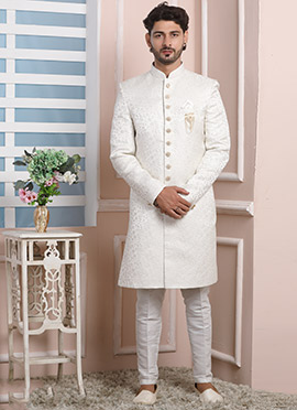 White Jacquard Silk Indowestern Sherwani