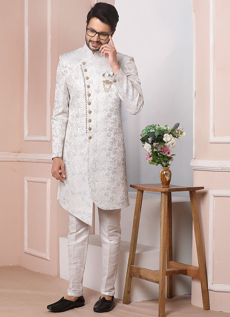 White Jacquard Silk Indowestern Sherwani Wedding Wear
