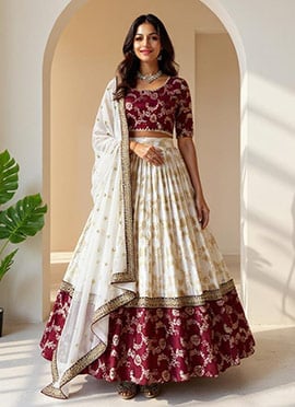 White Jacquard Silk Sequins Umbrella Lehenga