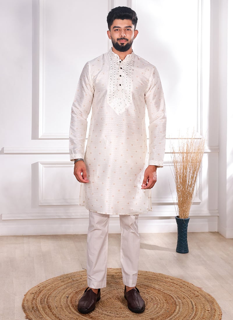 White Jacquard Silk Thread Embroidered Kurta Pyjama Festive Wear