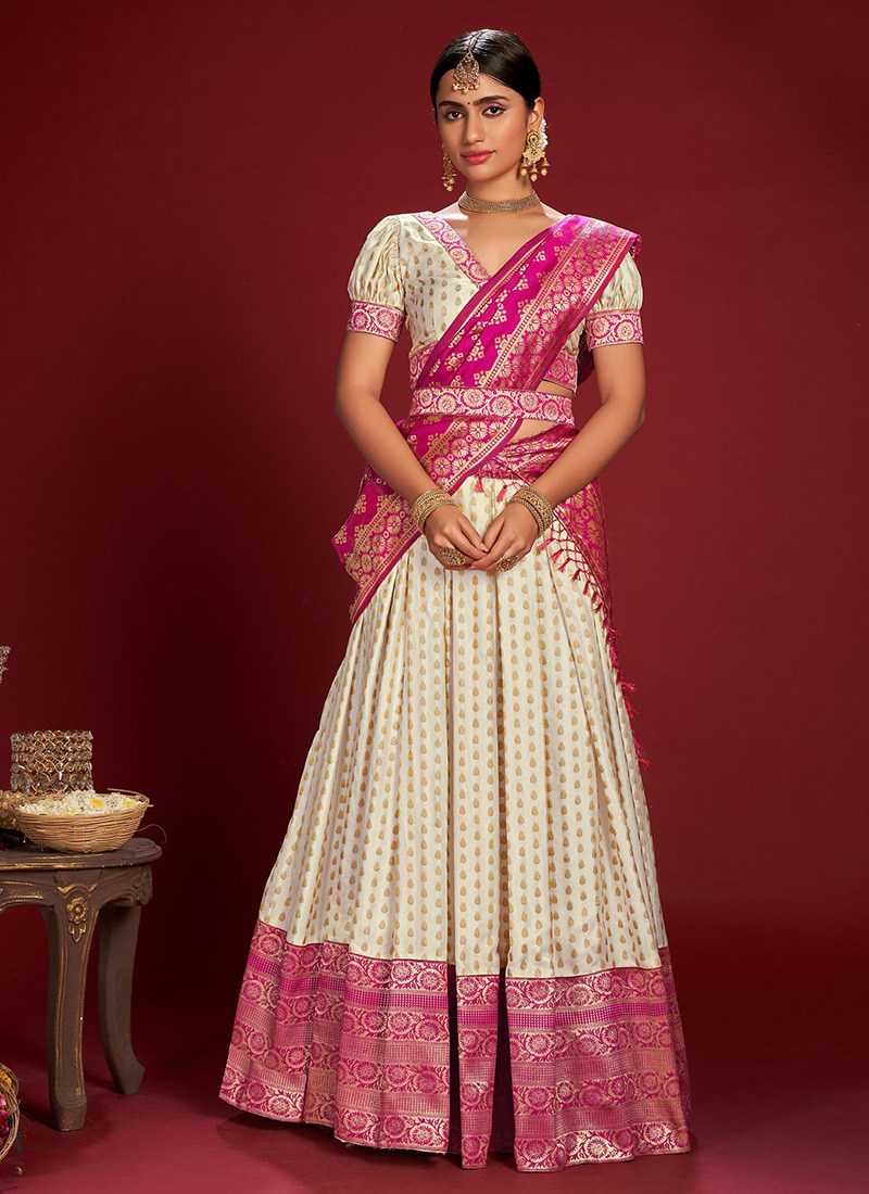 Buy White Jacquard Silk Zari Woven Umbrella Lehenga Festive Wear, Zari