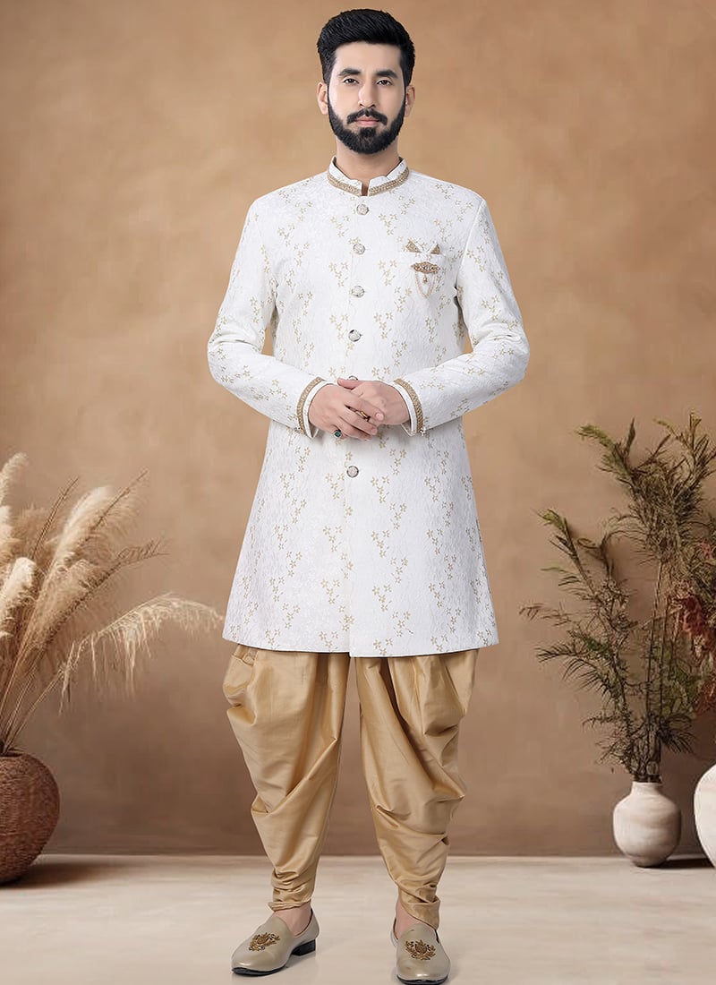 White Jacquard Woven Indowestern Sherwani Wedding Wear
