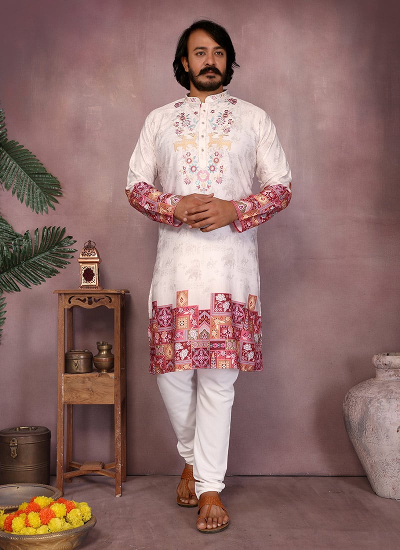 White Khadi Cotton Embroidered Sequins Kurta Pyjama Set Festive Wear